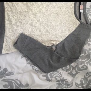 Gray and cream lace jeweled sweater